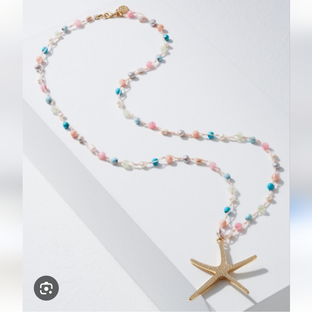Gold Starfish Pendant Necklace With Semi Precious Stone Multicolor 35$